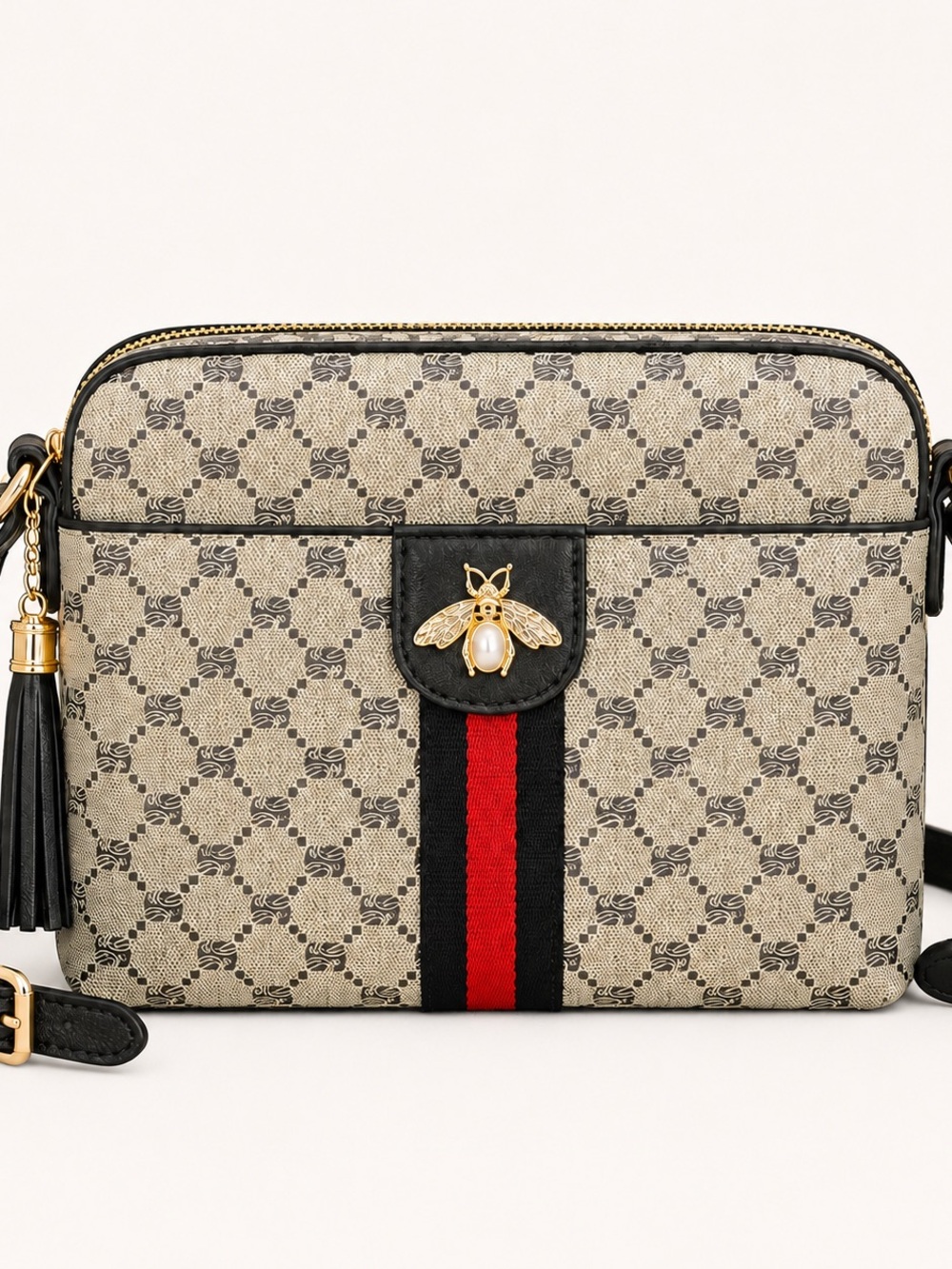 Beige Patterned Crossbody with Black Trim & Red Stripe